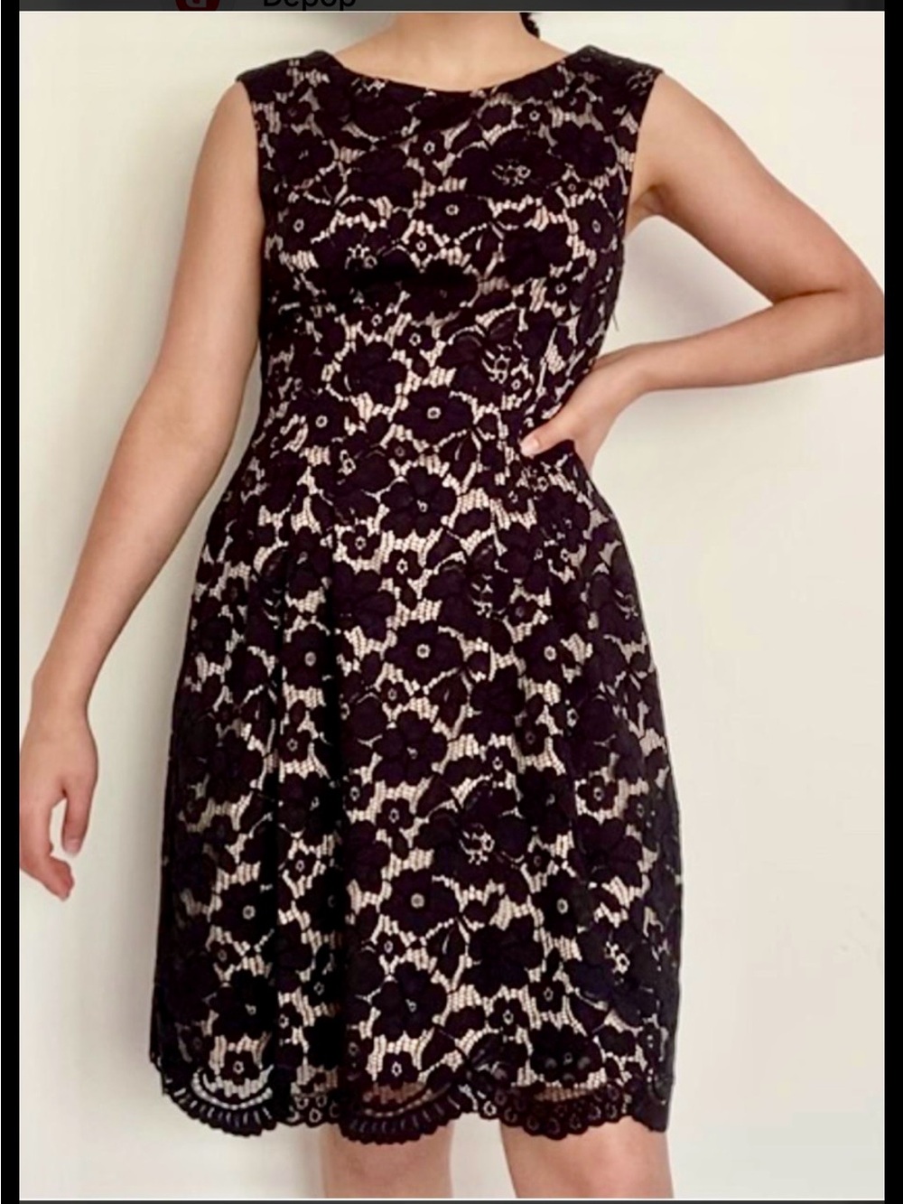Vince Camuto Black Lace Overlay on Nude Fit-and-Flare Dress